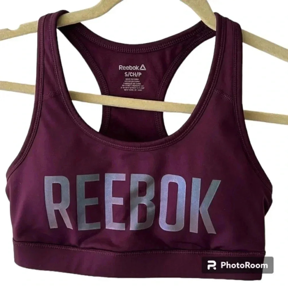 Reebok Luster Sports Bra Top Women’s Size S Plum Removable Pads Activewear Logo